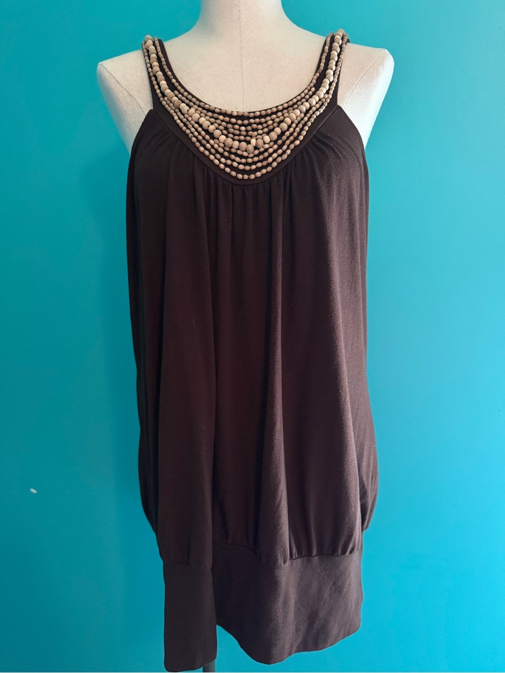 Beaded Neck Brown Sleeveless Tunic